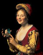 Gerard van Honthorst Smiling Girl, a Courtesan, Holding an Obscene oil painting